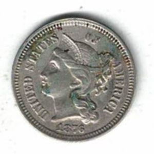 1876 USA Nickel Three Cents Coin. The Obverse features a female portrait facing left. The reverse features roman numerals within a wreath.