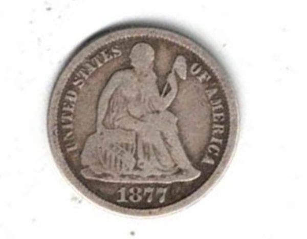 1877 USA Seated Liberty Silver One Dime Coin. The Obverse features seated liberty head facing right. The reverse features the value within wreath.