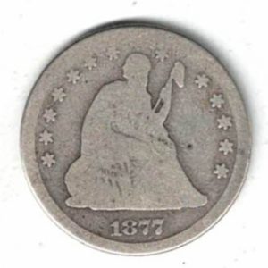 1877 CC USA Silver Quarter Dollar Coin. The Obverse features a seated liberty looking right above her shoulder. The reverse features an eagle with arrows.