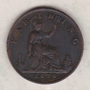 1879 bronze farthing coin featuring the young head Queen Victoria on the Obverse. Britannia seated facing right on the Reverse.