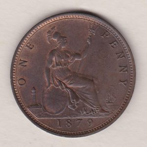 1879 bronze penny coin featuring the young head portrait of Queen Victoria on the Obverse. The coin depicts Britannia seated to the right on the Reverse.