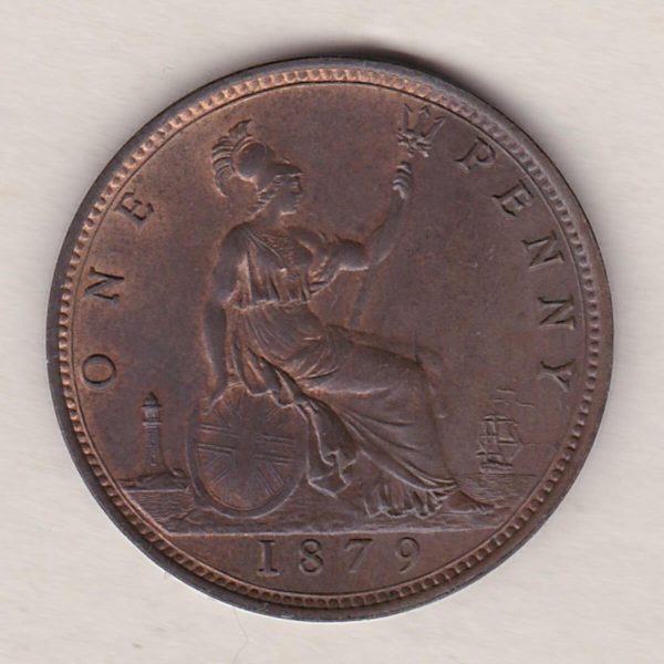 1879 bronze penny coin featuring the young head portrait of Queen Victoria on the Obverse. The coin depicts Britannia seated to the right on the Reverse.