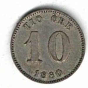 1880 EB Sweden Billion Ten Ore Coin. The obverse side of this coin features the crowned kings monogram with three crowns of Sweden.