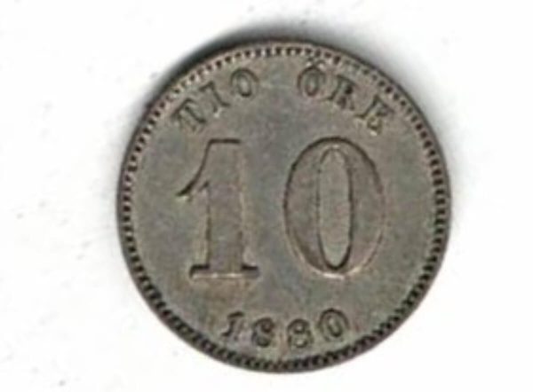 1880 EB Sweden Billion Ten Ore Coin. The obverse side of this coin features the crowned kings monogram with three crowns of Sweden.