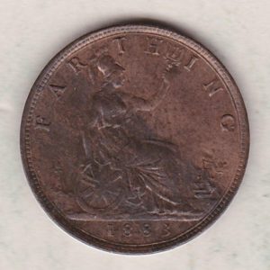 1883 bronze farthing coin featuring the young head Queen Victoria on the Obverse. Britannia seated facing right on the Reverse.