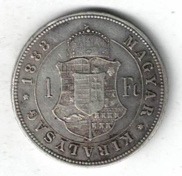 1883 KB Hungary Silver Forint Coin. The obverse features the bust of Franz Joseph I facing right. The reverse features crowned Shield divides within circle.