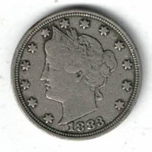 1883 USA Liberty Nickel Five Cents Coin. The Obverse features 13 stars around Liberty, date below. The reverse features a V within a wreath.