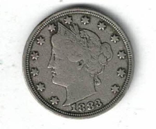 1883 USA Liberty Nickel Five Cents Coin. The Obverse features 13 stars around Liberty, date below. The reverse features a V within a wreath.