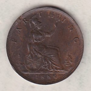 1884 bronze farthing coin featuring the young head Queen Victoria on the Obverse. Britannia seated facing right on the Reverse.