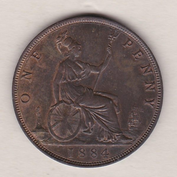 1884 bronze penny coin featuring the young head portrait of Queen Victoria on the Obverse. The coin depicts Britannia seated to the right on the Reverse.