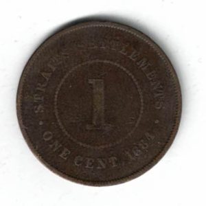1884 Straits Settlements Bronze One Cent Coin. The obverse features the bust of Queen Victoria facing left. All coins are in stock.