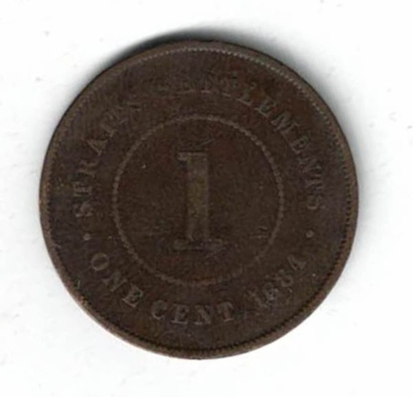 1884 Straits Settlements Bronze One Cent Coin. The obverse features the bust of Queen Victoria facing left. All coins are in stock.