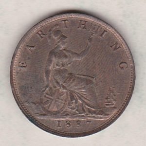 1887 bronze farthing coin featuring the young head Queen Victoria on the Obverse. Britannia seated facing right on the Reverse.