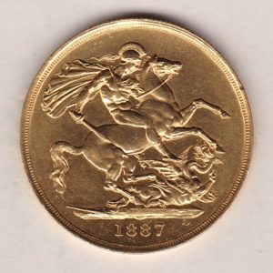 1887 Gold Two Pounds Double Sovereign Coin featuring Queen Victoria Jubilee Head on the Obverse and St George & the Dragon on the Reverse.