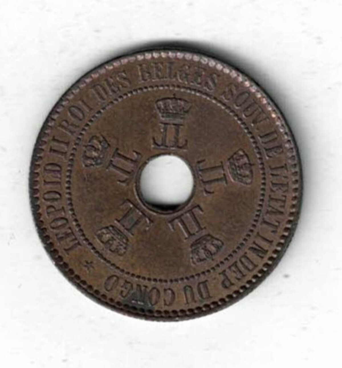 1888 Congo Free State Copper Copper Five Centimes Coin. The obverse features five Leopold II monograms. The reverse features a shining star.