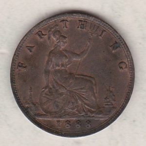 1888 bronze farthing coin featuring the young head Queen Victoria on the Obverse. Britannia seated facing right on the Reverse.