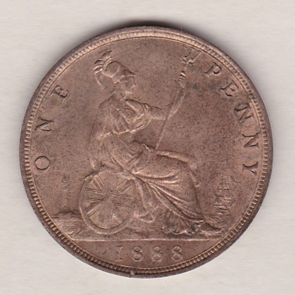 1888 bronze penny coin featuring the young head portrait of Queen Victoria on the Obverse. The coin depicts Britannia seated to the right on the Reverse.