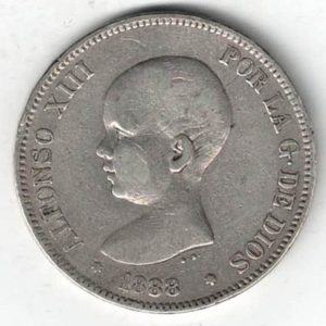 1888 MPM Spain Silver Five Pesetas Coin. The obverse features the bust of Alfonso XIII facing left. The reverse features the crowned coat arms.