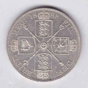 1888 silver double florin coin featuring the Queen Victoria Jubilee Head obverse. The Garter star and four sceptres in the angles on the Reverse.