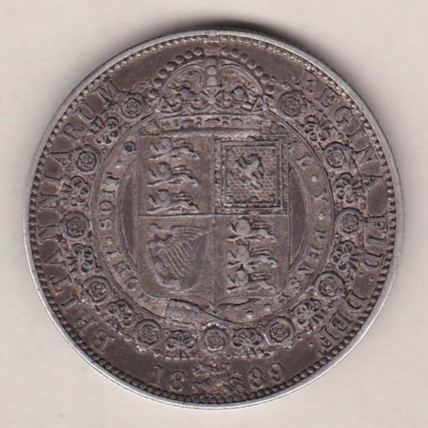 1889 Silver Halfcrown coin featuring the Jubilee head of Queen Victoria on the Obverse. The shield of royal arms completes the Reverse design.
