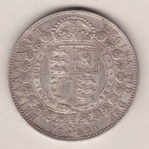 1889 Silver Halfcrown coin featuring the Jubilee head of Queen Victoria on the Obverse. The shield of royal arms completes the Reverse design.