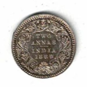 1889 India Silver Two Annas Coin. The obverse side of this coin features the portrait of Queen Victoria facing left. All coins are in stock.