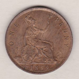 1889 bronze penny coin featuring the young head portrait of Queen Victoria on the Obverse. The coin depicts Britannia seated to the right on the Reverse.