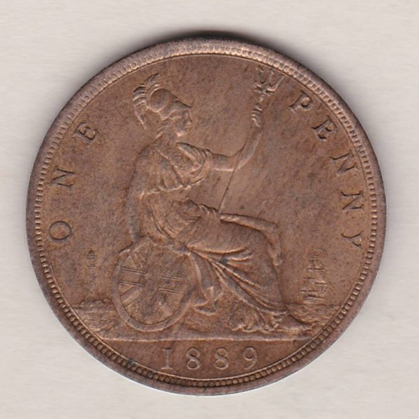 1889 bronze penny coin featuring the young head portrait of Queen Victoria on the Obverse. The coin depicts Britannia seated to the right on the Reverse.