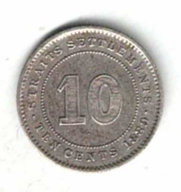 1889 Straits Settlements Ten Cents Coin The obverse features the bust of Queen Victoria facing left. All coins are in stock.