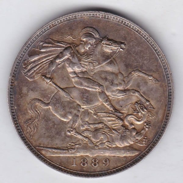 1889 Silver Crown Coin featuring Queen Victoria Jubilee head on the Obverse and the St George & dragon design on the reverse.
