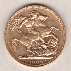 1889 Gold Sovereign Coin featuring Queen Victoria Jubilee Head on the Obverse and St George & the Dragon on the Reverse. London Mint.