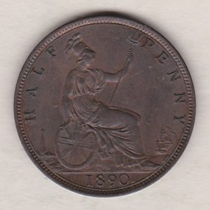 1890 Bronze Halfpenny coin featuring the portrait of Queen Victoria on the obverse. The reverse side of the coin depicts Britannia seated to the right.