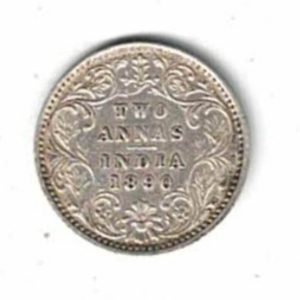 1890 India Silver Two Annas Coin. The obverse side of this coin features the portrait of Queen Victoria facing left. All coins are in stock.