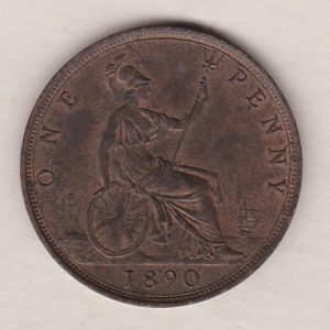 1890 bronze penny coin featuring the young head portrait of Queen Victoria on the Obverse. The coin depicts Britannia seated to the right on the Reverse.