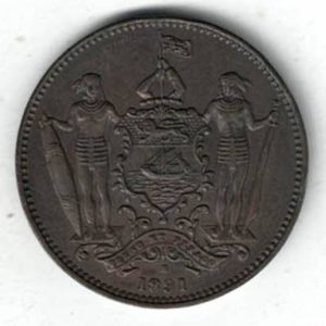 1891 H British North Borneo Bronze One Cent Coin. The obverse features two warriors holding a shield with the coat of arms.