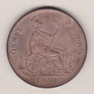 1891 bronze penny coin featuring the young head portrait of Queen Victoria on the Obverse. The coin depicts Britannia seated to the right on the Reverse.