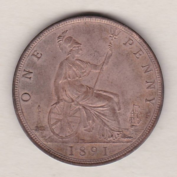 1891 bronze penny coin featuring the young head portrait of Queen Victoria on the Obverse. The coin depicts Britannia seated to the right on the Reverse.