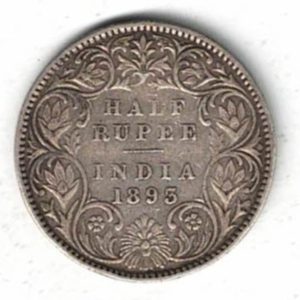 1893 India Silver Half Rupee Coin . The obverse side of this coin features the crowned portrait of Queen Victoria facing left.