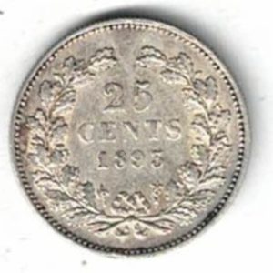 1893 Netherlands Silver 25 Cents. The obverse features the bust of Queen Wilhelmina facing left. The reverse features the value and year with wreath.