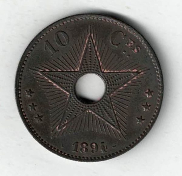 1894 Congo Free State Copper Copper Ten Centimes Coin. The obverse features five Leopold II monograms. The reverse features a shining star. 