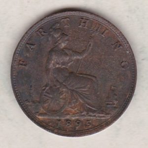 1895 bronze farthing coin featuring the young head Queen Victoria on the Obverse. Britannia seated facing right on the Reverse.
