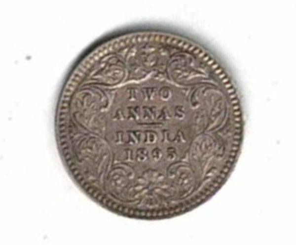 1895 India Silver Two Annas Coin. The obverse side of this coin features the portrait of Queen Victoria facing left. All coins are in stock.