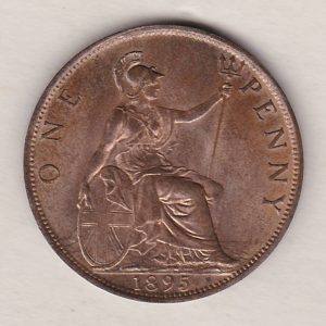 1895 Bronze Penny coin. The obverse features the old head portrait of Queen Victoria. The coin depicts Britannia seated to the right on the Reverse.