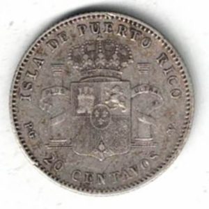 1895 Puerto Rico Silver Twenty Centavos Coin. The obverse features the bust of Alfonso XIII. The reverse features a crowned arms between columns.