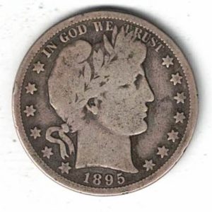 1895 S USA Barber Silver Half Dollar Coin. The reverse features a heraldic eagle with 13 stars above with the denomination below.