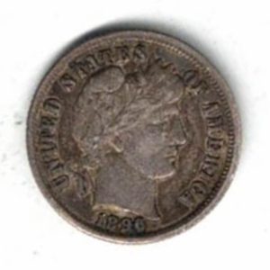 1896 USA Silver One Dime Coin. The Obverse features the liberty head facing right. The reverse features the value within wreath.