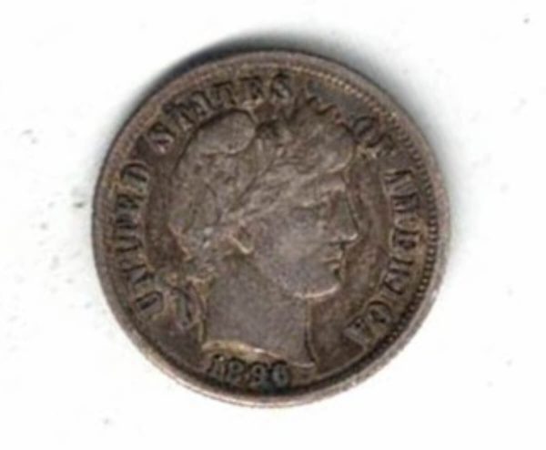 1896 USA Silver One Dime Coin. The Obverse features the liberty head facing right. The reverse features the value within wreath.