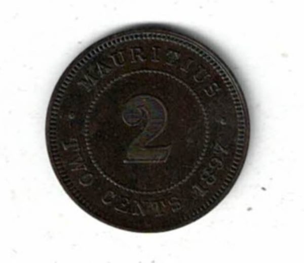 1897 Mauritius Bronze Two Cent Coin. The obverse features Queen Victoria facing left. The reverse features the denomination in a beaded circle. 