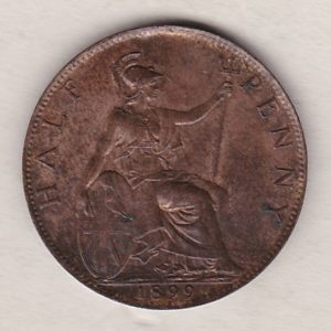 1899 Bronze Halfpenny coin featuring the portrait of Queen Victoria on the obverse. The reverse side of the coin depicts Britannia seated to the right.