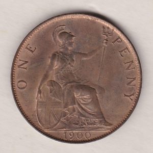 1900 Bronze Penny coin. The obverse features the old head portrait of Queen Victoria. The coin depicts Britannia seated to the right on the Reverse.